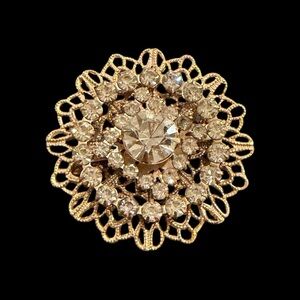 Vintage Gold Tone Rhinestone Floral Brooch Pin – 1.5” Sparkling Statement